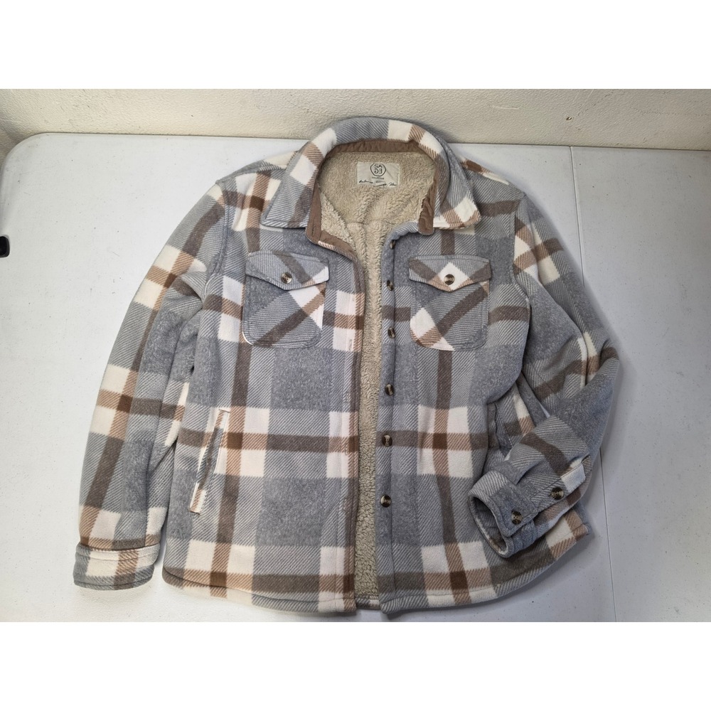 Sage Collective Plaid Shacket Grey Tan Faux Fur Lined Fleece Jacket Medium